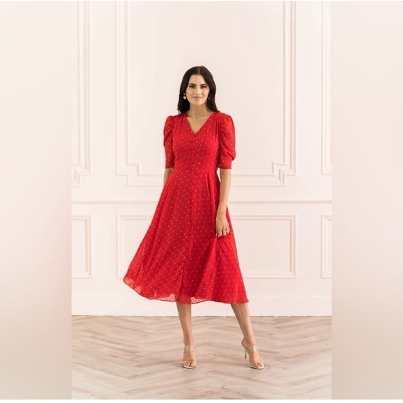 NWOT Rachel Parcell Red Polka Dot puff sleeve Midi Dress - Picture 1 of 14